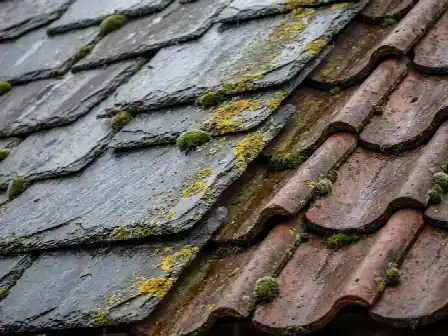 Gros plan d'une couverture ancienne mêlant ardoise naturelle et tuiles couvertes de mousse