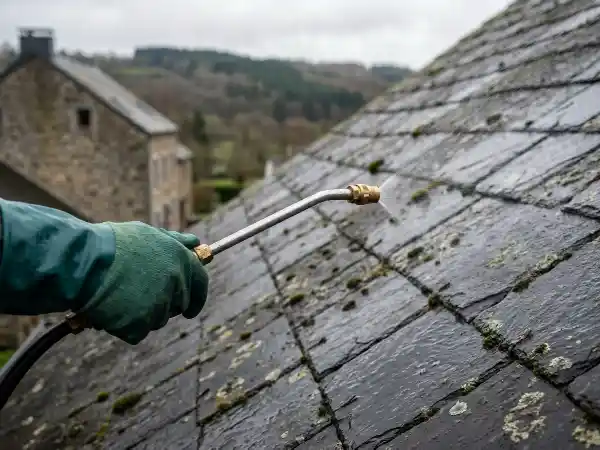 Pulvérisation d'un traitement anti-mousse sur une toiture en ardoise naturelle